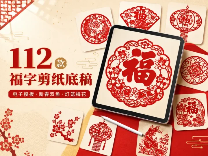 112款福字剪纸电子模板合集,新春窗花底稿一次收齐-数品库