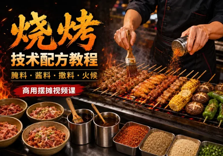 烧烤技术配方视频教程:腌料酱料与摆摊实操-数品库