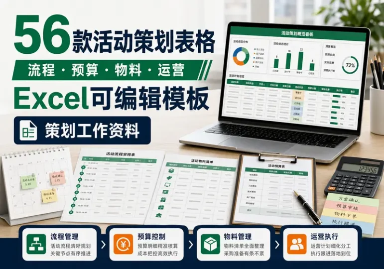 56款活动策划Excel模板:流程预算物料运营表格-数品库