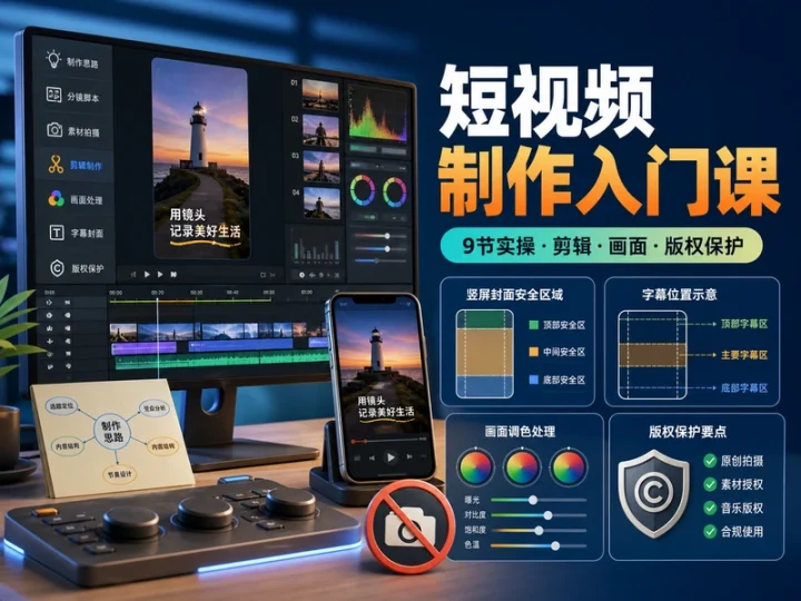 9节零基础短视频制作课程含剪辑封面与版权保护-数品库