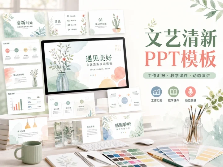 文艺清新PPT模板合集含水彩卡通汇报课件与演讲版式-数品库