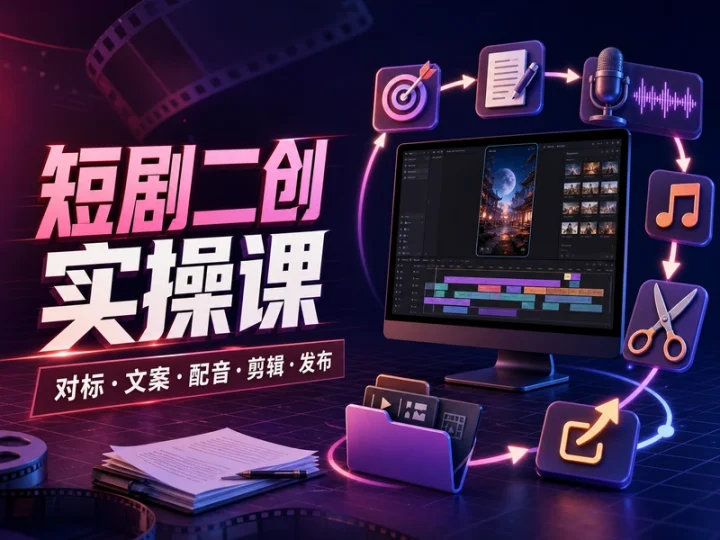 短剧二创实操课程:从对标文案到剪辑发布全流程-数品库