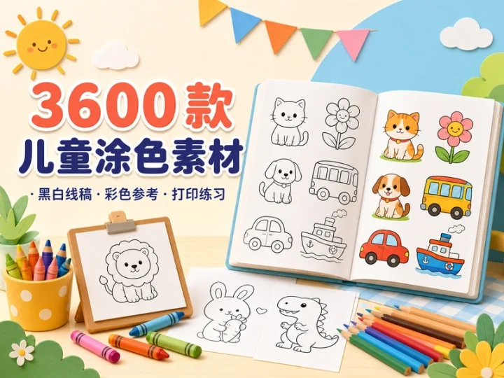 3600款儿童涂色填色素材:幼儿园可打印绘画合集-数品库