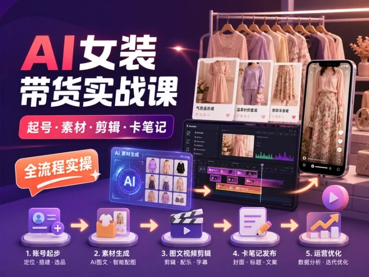 AI女装带货实战课:起号素材制作与卡笔记运营-数品库