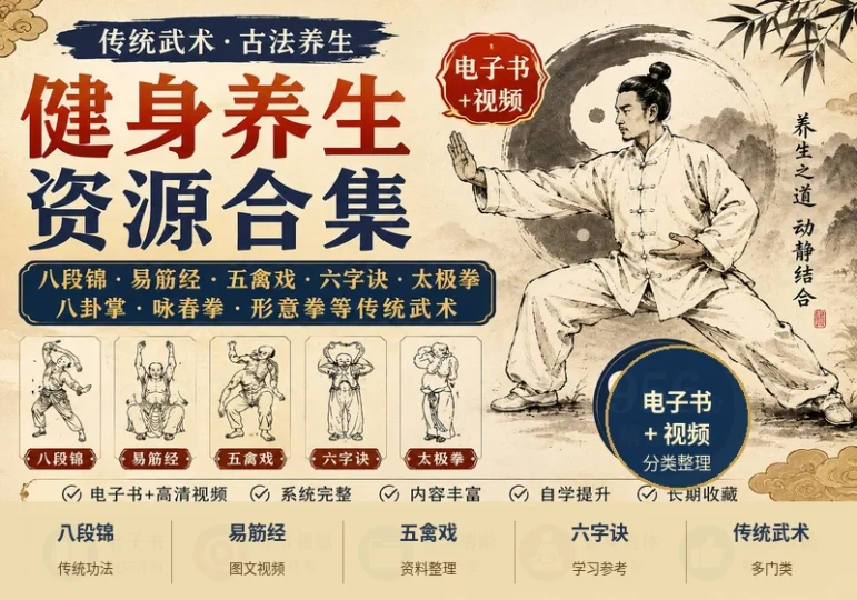 健身养生传统武术电子书视频合集八段锦易筋经太极拳资料-数品库