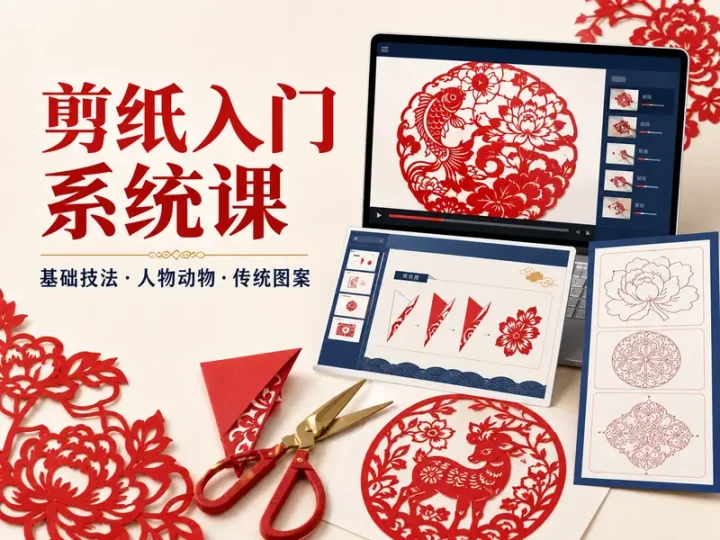零基础剪纸自学系统课程基础技法与传统图案教程-数品库