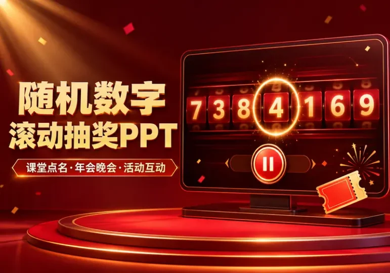 随机数字滚动抽奖PPT模板:课堂点名与年会互动-数品库