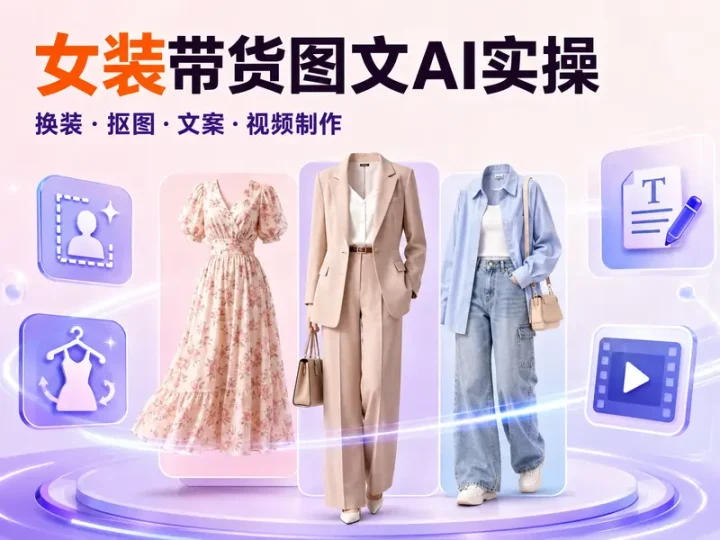 女装带货AI素材实战课,38项换装抠图与视频制作技巧-数品库