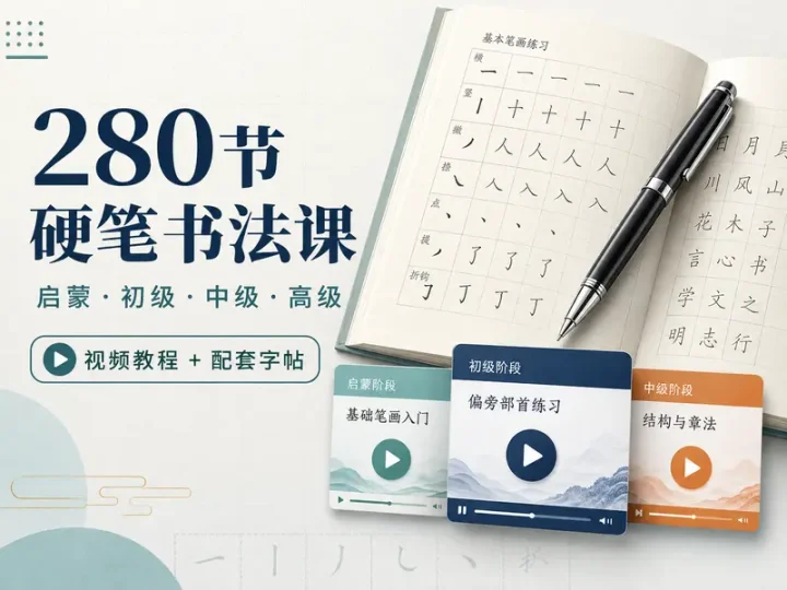 280节硬笔书法启蒙进阶视频与配套字帖PDF合集-数品库