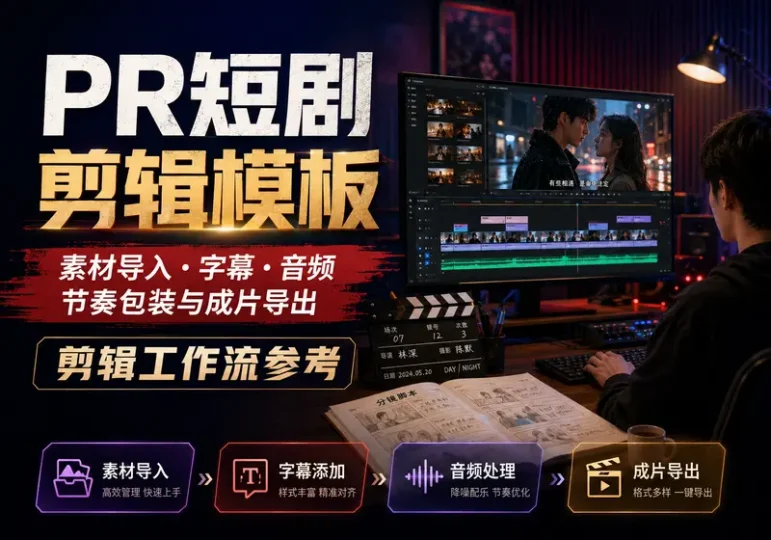PR短剧剪辑模板教程:字幕音频与成片导出流程-数品库
