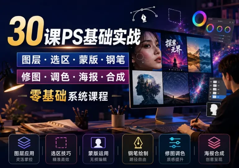 30课Photoshop基础实战：修图调色与海报合成-数品库